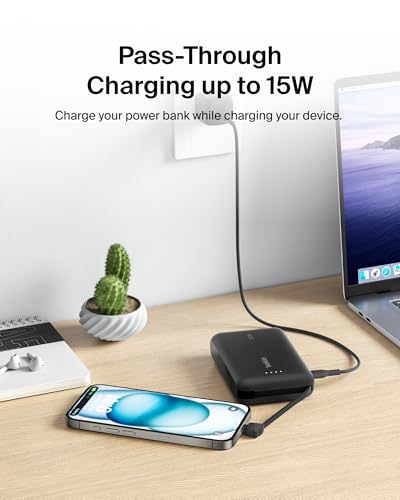 Belkin 10000mAh 20W USB C Power Bank, Portable Charger for iPhone & iPad | Fast Charging, Integrated USB C Cable, Eatra USB C Port, iPhone 17, iPad, Samsung Galaxy S26, Charge 2 Devices - color: Black, style: 10K mAh
