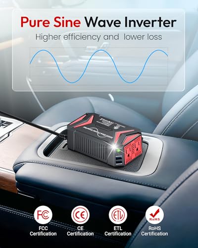 BESTEK Pure Sine Wave Power Inverter, 300W DC 12-17V to 110V AC Car Adapter | Vehicle Plug in Cigarette Lighter Outlet Solar Inverter, 4.8A Dual USB Fast Charging Ports for Phone, Laptop, CPAP(Black) - color: Black