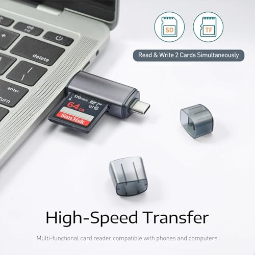 USB-C and USB SD Card Reader, 2-in-1 Aluminum Alloy Memory Card Reader with Dual Connectors for SDXC, SDHC, SD, MMC, RS-MMC, Micro SDXC, Micro SD, Micro SDHC, and UHS-I Cards