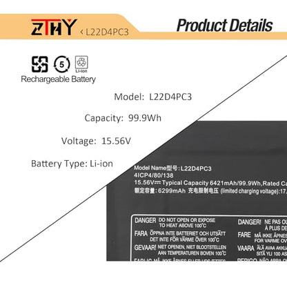 L22C4PC3 L22M4PC3 Laptop Battery Replacement for Lenovo Legion S7 16IRH8 | Legion S7 16APH8 / Legion 9 16IRX8/ Legion 9 16IRX9 Series L22D4PC3 5B11K39157 5B11K39160 SB11K39158 SB11K39159 15.56V 99.9Wh - size: 12.36*3.85*0.31inch L22D4PC3