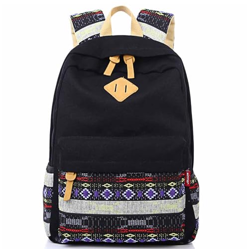 mygreen Kawaii Girls Backpack for School - Lightweight Canvas Backpack for Teens Ages 8-12, Fits 15 Inch Laptop, Cute Boho Floral Design, Durable & Comfortable Black - color: Black, Bohemian, 15 Inch Laptop