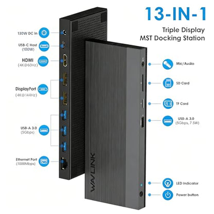 WAVLINK Laptop Docking Station, Dual DisplayPort,HDMI, Single 4K@144Hz | 130W PD Charger, 4×USB-A 5Gb, Gigabit Ethernet, SD/TF and Mic/Audio, Compatible with Windows Only