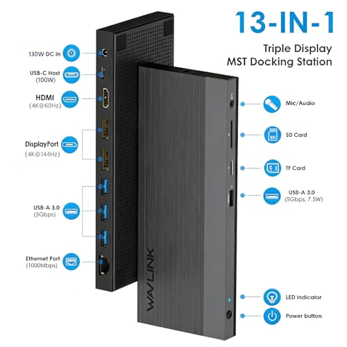 WAVLINK Laptop Docking Station, Dual DisplayPort,HDMI, Single 4K@144Hz | 130W PD Charger, 4×USB-A 5Gb, Gigabit Ethernet, SD/TF and Mic/Audio, Compatible with Windows Only