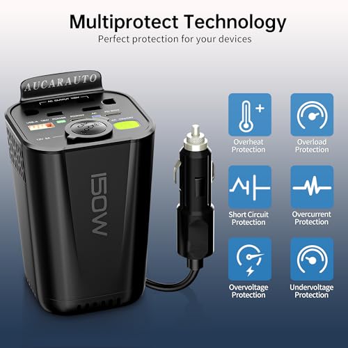 150W Power Inverter 6 in 1 DC 12V to 110V AC Inverter with 60W Dual USB-C and 18W USB-Fast Charger & 2 AC Outlets, Car Pluɡ Adapter Outlet for Laptop/Phone/GPS | Cup Holder Design for Travel - size: 150W
