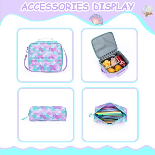 Meetbelify Mermaid Rolling Backpack for Kids - Cute Carry On with Wheels, Lunch Box & Pencil Case - Elementary Student to Teen Girls Luggage - Travel Suitcase - color: A Mermaid