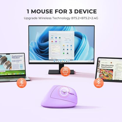 MEETION Ergonomic Vertical Mouse, Wireless Bluetooth Mouse - Purple | Rechargeable mouse with dual Bluetooth 5.2 and USB, 4 DPI levels (800–2400), compatible with Windows, Mac, PC and iPad - color: Right Purple