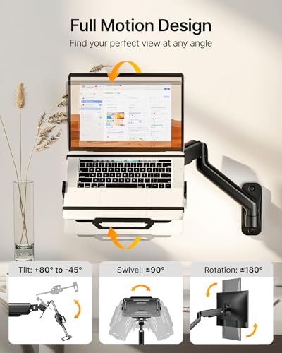 monTEK Laptop Arm Wall Mount, 2-in-1 Full Motion Monitor & Laptop Stand with Adjustable Tray, Fits Max 18" Notebook and 32" Screen, Metal Ergonomic Single Monitor Holds Up to 19.8lbs