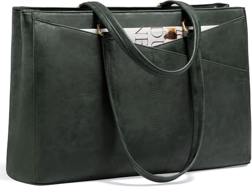 LOVEVOOK Laptop Bag for Women,17.3 Inch Laptop Tote Bag for Women,Vintage Leather Work Tote Bags Computer Teacher Bag,Waterproof Business Bag Office Briefcase - color: Dark Green, size: 17.3 inch