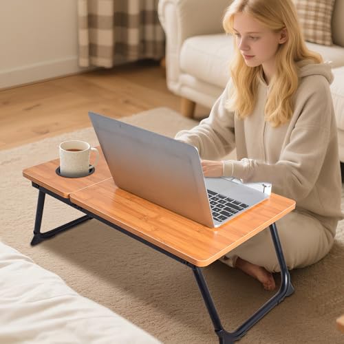 Adjustable Laptop Bed Table with Book Stand, Portable Reading Desk with Side Panel, Wood Grain - color: Bamboo Wood