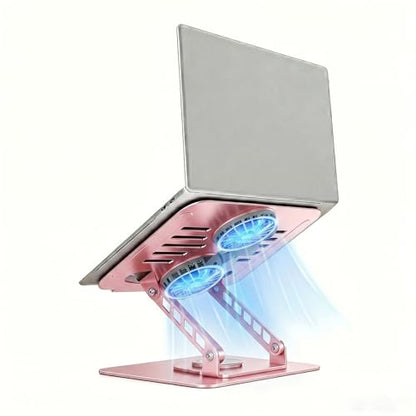 Laptop Stand with Cooling Fan, 360° Rotating Base Aluminum Laptop Riser, Foldable Ergonomic Computer Stand for Desk, Height Adjustable Notebook & All Laptops Up to 17.3" (Pink) - color: Pink
