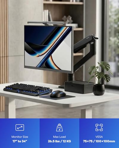 Single Monitor Arm, White Gas Spring Desk Mount for 17"-34" Screens, Holds Up to 26.5 lbs, VESA 75x75/100x100, C-Clamp & Grommet Base (Black)