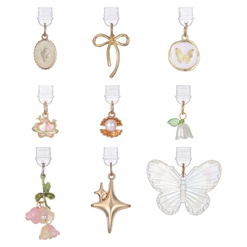 Qianyu 9Pcs Dust Plug Charm Type C Charging Port Protector Butterfly Bow Star Flower Design Anti-Dust Plugs Plastic Plugs Cover Accessories with Pendants Compatible with Type-C Devices Phone Tablets - color: Gold, Transparent, style: classic
