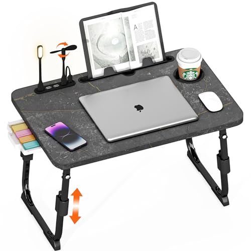 Lap Desk for Bed, Adjustable Laptop Desk with USB Charging Port, Storage Drawer & Bookshelf — Foldable Bed Desk for WFH & Students, 23.6" Desktop Fits 17" Laptop, Non-Slip, Deep Stone Texture - color: Deep Stone Texture