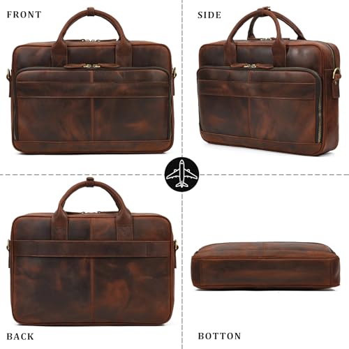 Leather Laptop Bag for Men Briefcase Fits 15.6 Inch Notebook Portable Shoulder Messenger Crossbody Bag for Travel Office - color: Dark Brown