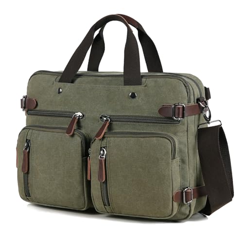 CROCOD 3 In 1 Canvas Convertible Laptop Bag for Men Women, 17.3 inch Laptop Messenger Bag Work Briefcase, Computer Shoulder Bag for Travel Business Office (Green, 17.3 Inch) - color: Green