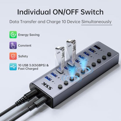 SSK 10 Port Powered USB 3.0 Hub, 60W USB Charging Hub USB Extender Hub | Simultaneous Fast Charge,5Gbps Data Transmission,Individual Switches,DC 12V5A Power Adapter,3.96ft/1.2m Cable,Aluminium