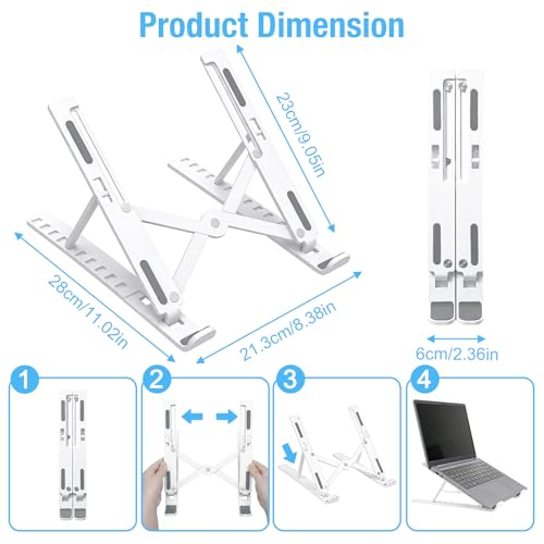 Marte Vanci Laptop Stand for Desk, Portable Computer Riser with 10 Adjustable Levels, Foldable Notebook Holder Ergonomic Ventilated Cooling ABS Computer Stand for Laptops Tablets White - color: White