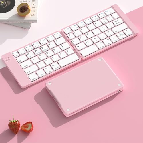 PopBloom Foldable Bluetooth Keyboard - Portable Keyboard, Rechargeable Full Size Ultra Slim Compatible iOS Android Windows Smartphone Tablet and Laptop (Only Keyboard) - color: Elegant Blue-Pink Keyboard, No Bag