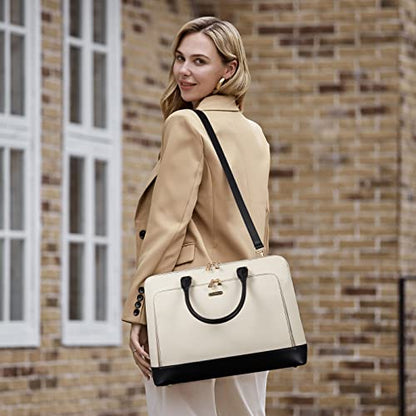 CLUCI Leather Briefcase for Women 15.6 Inch Laptop Business Computer Ladies Stylish Work Handbags Shoulder Bag - color: Beige-black