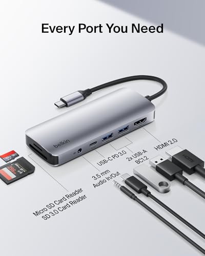 Belkin USB-C Hub 7 in 1 4K HDMI, PD, USB-A, SD & Audio | USB-C docking station for Neo MacBook, iPad Pro, and XPS, includes SD/MicroSD card slots, USB-A ports, 3.5mm audio jack - style: 7-in-1 USB-C Hub