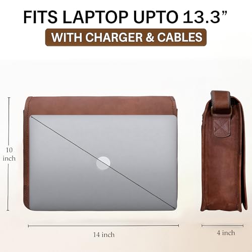 Leather Messenger Bag for Men & Women, 14" Vintage Crossbody Laptop Satchel | Fits 13.3 inches Laptop & iPad, Organized Pockets, Adjustable Shoulder Strap, Magnetic Closure, Travel Trolley Strap, Brown