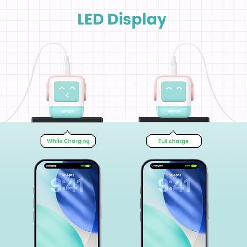 UGREEN Uno 30W USB C Charger Block, Compact Nexode Robot GaN Fast Charger for iPhone 17/16/15/14, Galaxy S26/S25/S24/S23, Pixel 10/9/8/7, MacBook Neo/Air, iPad Pro, Pink Blue - color: Pink Blue