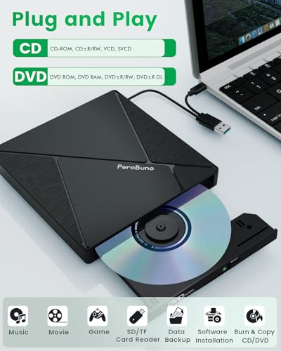 PeroBuno External CD DVD Drive, USB 3.0 Optical Disc Drive, 4 USB Ports and 2 TF/SD Card Slots, CD DVD Burner Writer Reader Player for Laptop MacBook iMac Desktop PC Windows 11/10/8/7/XP Linux Mac OS - color: Grid Black