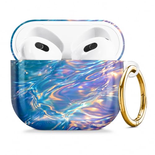 Compatible with AirPod 4 Case 2024, Cute Hard Plastic Protective Cover for Airpod 4th Generation Women, Shockproof Shell Skin with Gold Ring Keychain,Colorful Water Ripple Abstract - color: Colorful Water Ripple Abstract