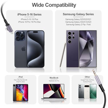 2 in 1 Lightning and USB C to 3.5mm Audio Auxiliary Jack Cable, Type C to Lightning 3.5mm Headphone Car Stereo Cable, Compatible with iPhone 16/15/14/13/12/11/X, Samsung Galaxy S24 S23 S22 S21 Note 20 - size: 3.3FT