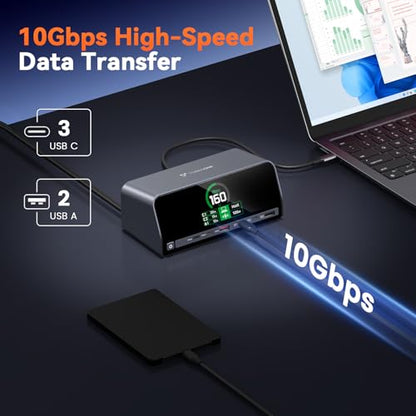 TobenONE Docking Station Dual 4K Monitor for Windows, 160W GaN+ LCD Display | Laptop Dock with HDMI, PD 3.0, 10Gbps USB A/C, Real-time LCD Screen, 160W Smart Power Distribution, Compact for Office/Gaming