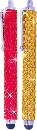 Eco-Fused Universal Bling Stylus Pens - 2 Long Gem Covered Stylus Pens Compatible with All Capacitive Touchscreen Devices/Microfiber Cleaning Cloth (Red+Yellow) - color: Red+Yellow