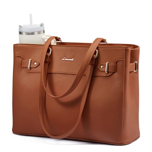 LOVEVOOK Laptop Tote Bag for Women Work, Teacher Tote Bag with Large Cup Holder, Waterproof Leather Computer Bag - color: Brown, size: 15.6 inch