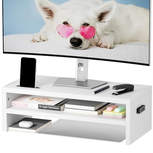 BONTEC Wood Monitor Stand Riser, 2-Tier Desktop Organizer | Ergonomic Computer Stand for Desk, Cable Management, Cellphone Holder, 21.3 Inch Shelf, White - color: White, size: 21.3 Inch