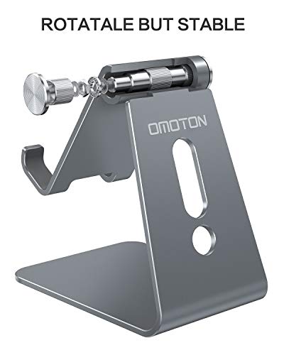 OMOTON C2 Adjustable Aluminum Cell Phone Stand with Charging Cutout, Grey | Sturdy 3mm Aluminum, Charging Port, 270° Adjustable, Non-Slip Silicone Pads, Works with Thick Cases, for All Smartphones - color: Grey
