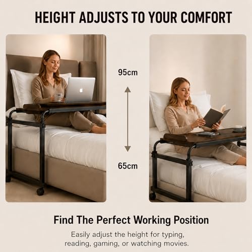 Over Bed Table with Wheels, Width & Height Adjustable, Rolling Over the Bed Desk with Cup Holder & Raised Baffle, Mobile Laptop Desk for King Queen Size Beds, Home Office, Bedroom Hospital Workstation