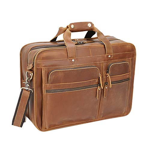Men's Full Grain Leather Briefcase Large 17 Inch Business Travel Laptop Messenger Bag Tote with YKK Metal Zippers - color: Light Brown