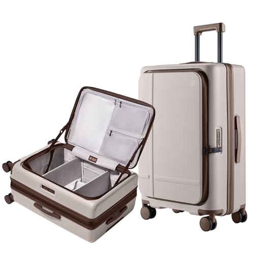 NINETYGO Medium Checked Luggage 25 Inch, Flat Top Opening Check In Luggage with Cup Holder, Expandable, Coffee-Infused PC Hard Shell, Eco-Friendly, TSA Lock, 360° Spinner Wheels (Flat White) - color: 03-Oats Flat White, size: Checked 25-Inch (Top Opening,