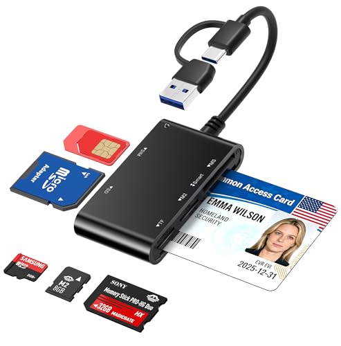 7-in-1 Smart Card Reader with USB-C & USB-A - Military CAC & PIV Card Reader, SIM Card Adapter, SD/TF/Memory Stick Pro Duo/M2/MMC Memory Card Reader for Windows, Mac, Linux – Plug and Play