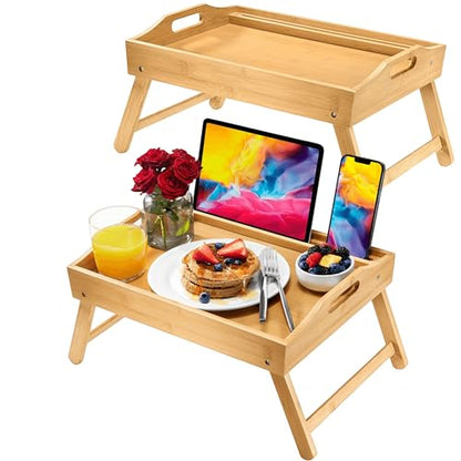 Bed Table Tray with Folding Legs, (2 Pack) Laptop Holder and Handles - Breakfast Tray Bamboo Bed Tray for Eating, Sofa, Bed, Food Trays for Eating on Couch, Snacking and Working - size: 2 Pack Medium 15.75" x 12" x 8"