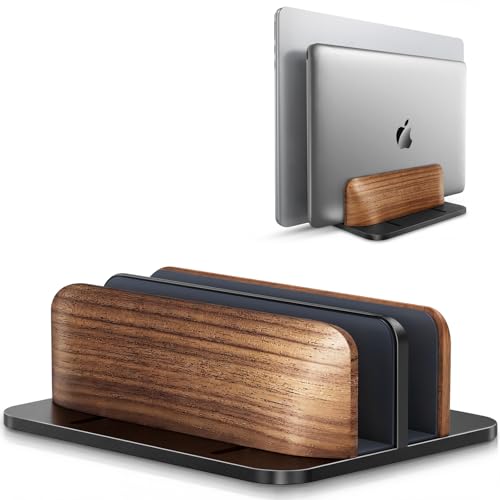 LOXP Vertical Laptop Stand, Dual Slot Wooden + Aluminum Laptop Holder | Desktop Adjustable MacBook Stand, Adjustable Base, for MacBook Pro/Air, (up to 17.3-inch All laptops) - color: Classic Black