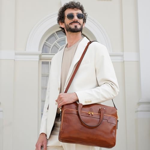 Time Resistance Leather Briefcase - Italian Handmade Leather Laptop Bag - Briefcase for Men and Women - Computer Bag - color: Cognac