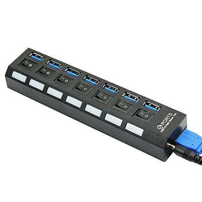 MaxLLTo 7 Port USB SuperSpeed 3.0 Hub On/Off Switches + AC Power Adapter Cable for PC Laptop -Black
