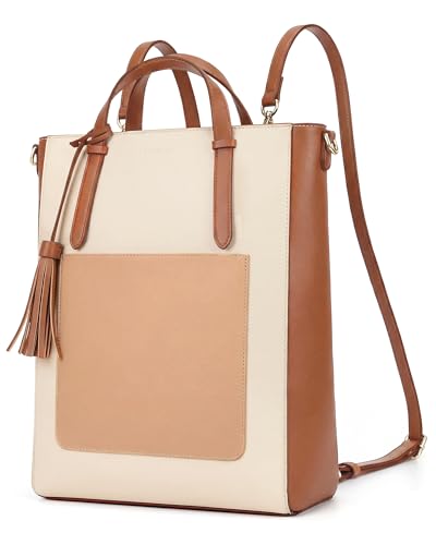 ECOSUSI Tote Bag Convertible Backpack for Women Vegan Leather Handbag Multifuction Shoulder Bag - color: Brown Beige