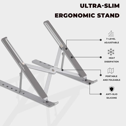 Adjustable Laptop Stand for Desk, Metal Foldable Laptop Riser Holder, Portable Desktop Book Stands, Ventilated Cooling Computer Notebook Stand Compatible with 10-17” Laptops - color: Silver
