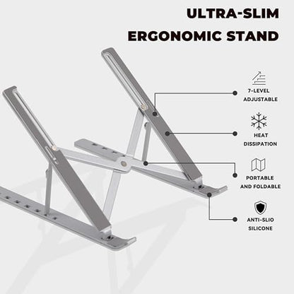 Adjustable Laptop Stand for Desk, Metal Foldable Laptop Riser Holder, Portable Desktop Book Stands, Ventilated Cooling Computer Notebook Stand Compatible with 10-17” Laptops - color: Silver