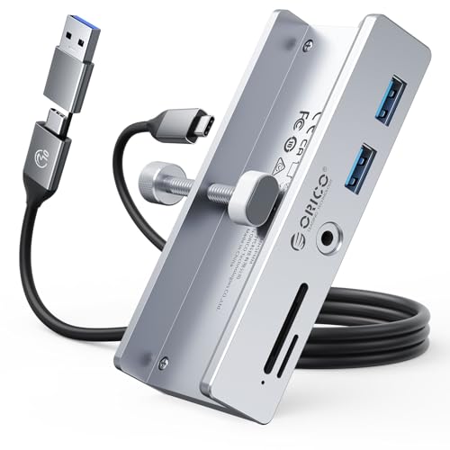 ORICO USB Hub 3.0, Clamp USB Hub with Extra Power Port, Aluminum USB C Adapter with 2 USB-A Data Ports,3.5mm AUX, SD/TF Card Reader for Desktop(Silver) - color: Silver