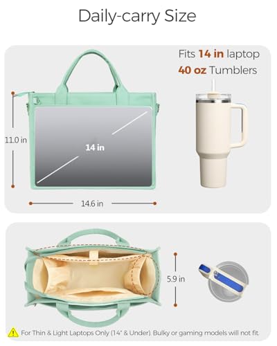 Canvas Tote Bag for Women With Zipper,14" Laptop Tote Bag for Work | Water Bottle Pocket,Padded Laptop Sleeve,Inner Key Leash,Premium Metal Hardware,Structured Canvas - color: Sage Breeze