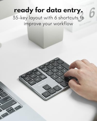 Macally Bluetooth Number Pad for Laptop - Slim Aluminum Design - Rechargeable Wireless Numeric Keypad - 35 Key Numpad Keyboard for Data Entry - for Mac, MacBook Pro/Air, iPad, iPhone, iOS, PC, Android - color: Space Gray