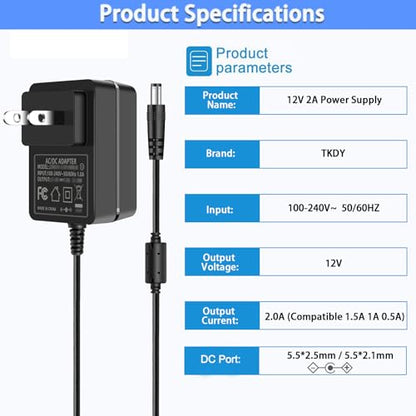 12V 2A Power Supply Adapter with On Off Switch, DC in 12V Power Cord, AC 100-240V 50-60Hz 24W 12 Volt Converter, for LED Light Strip DVD Player Keyboard Router CCTV Camera Hard Drive.