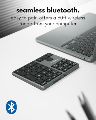 Macally Bluetooth Number Pad for Laptop - Slim Aluminum Design - Rechargeable Wireless Numeric Keypad - 35 Key Numpad Keyboard for Data Entry - for Mac, MacBook Pro/Air, iPad, iPhone, iOS, PC, Android - color: Space Gray